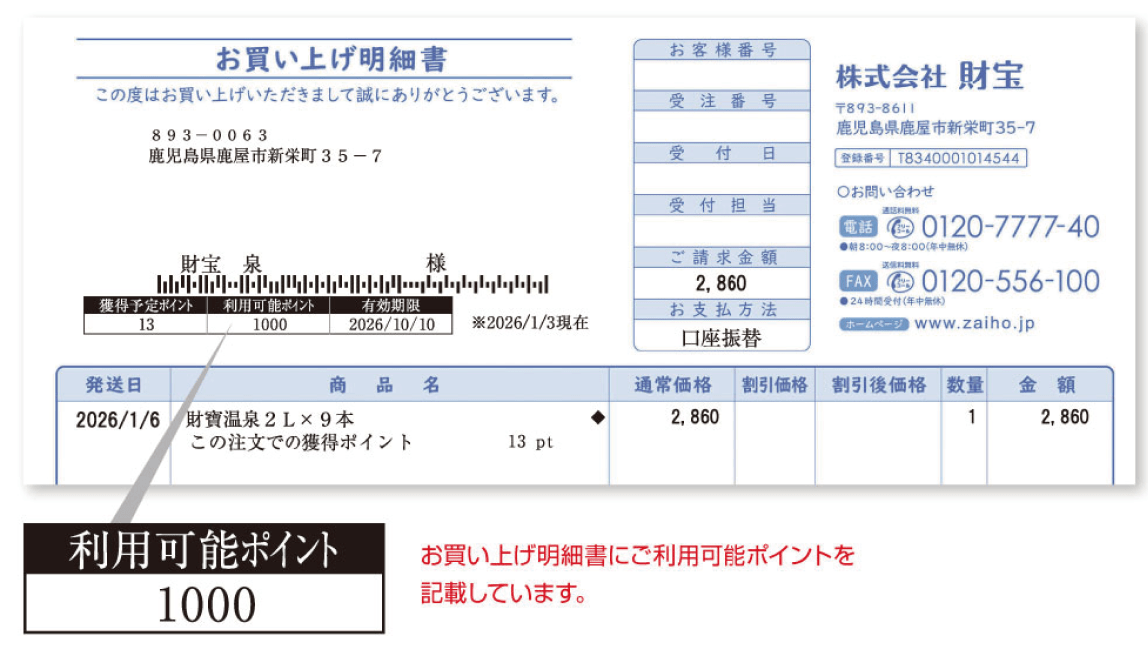 お買い上げ明細書に記載された利用可能ポイントの見本