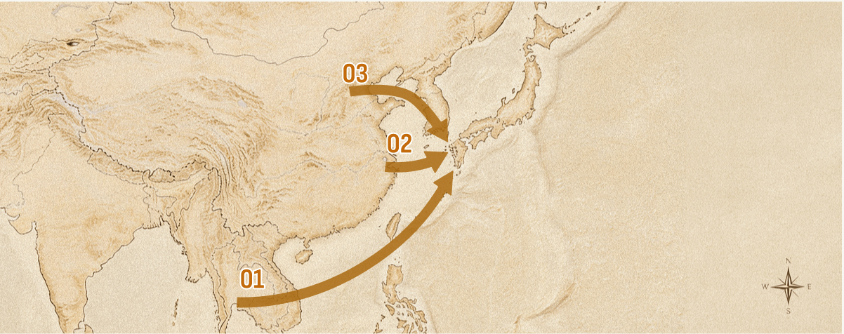 焼酎が琉球、南海諸国、朝鮮半島の三つの経路から日本へ伝来したことを示す地図